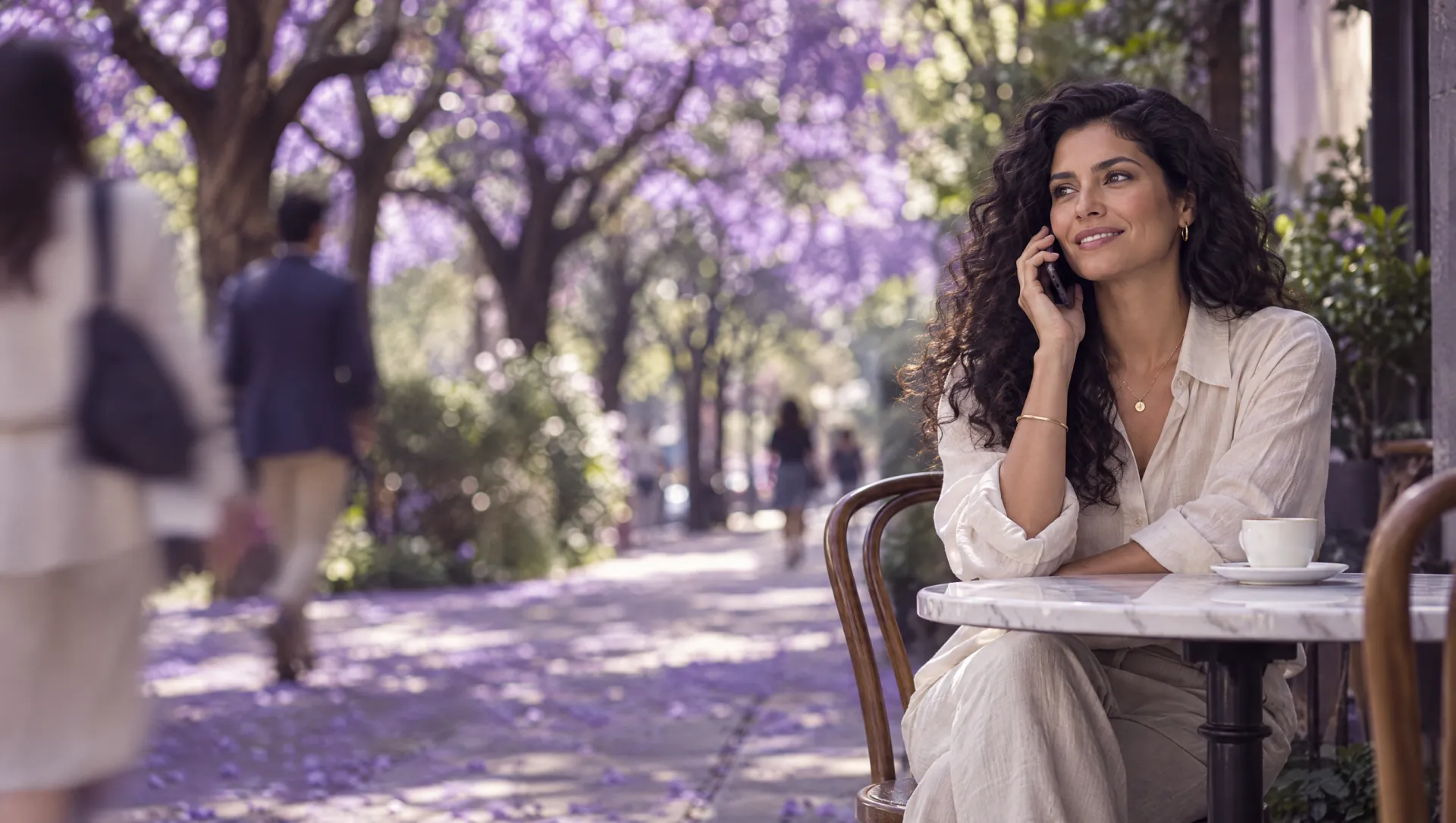 Una mujer conversa por teléfono, tranquila, en la terraza de un café de la Roma con jacarandas en flor