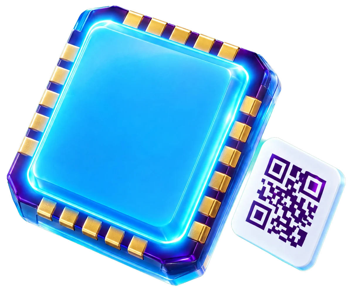 Ilustración: un chip eSIM azul brillante junto a una tarjeta con código QR, listo para instalar