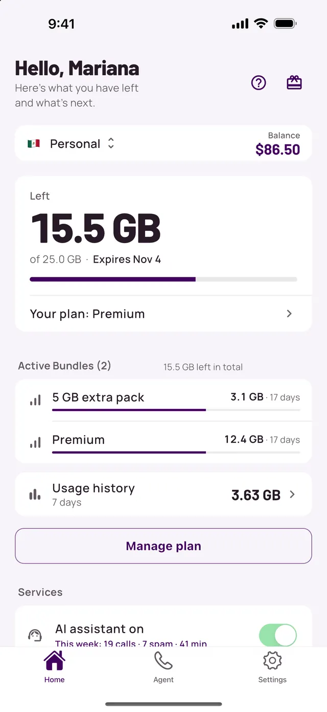 تطبيق N3T، الباقات النشطة: باقة 5 غيغابايت الإضافية وبيانات باقة Premium