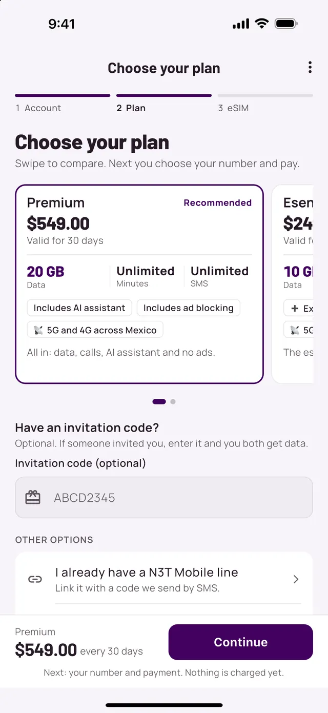 تطبيق N3T، اختر باقتك: باقة Premium بسعر 549 دولارًا شهريًا محددة، بجانب Esencial