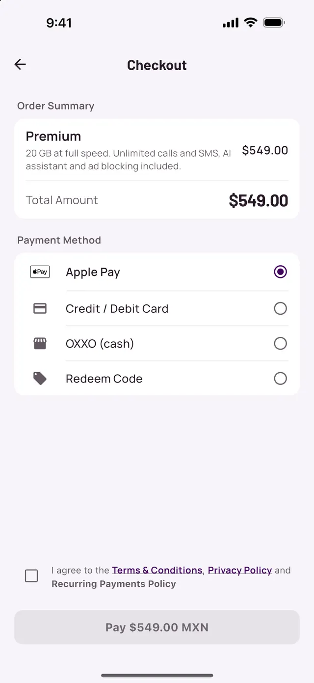 تطبيق N3T، الدفع: Apple Pay أو بطاقة ائتمان أو خصم أو OXXO أو رمز