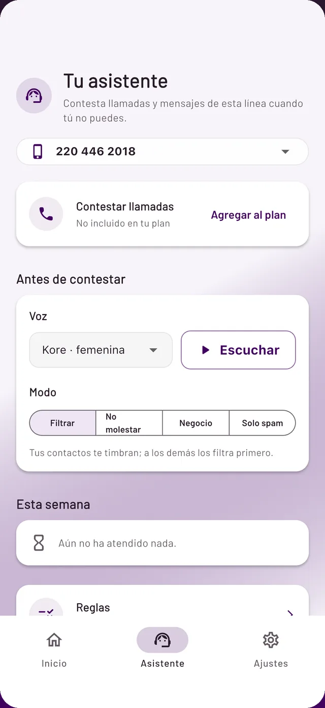 App N3T, pantalla Tu asistente: elección de voz, modos Filtrar, No molestar, Negocio y Solo spam, y la actividad de esta semana