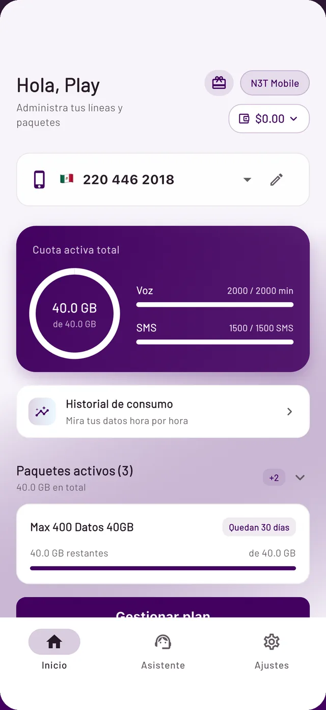 App N3T, pantalla de inicio: número de la línea, saldo, datos, minutos y SMS disponibles, y paquetes activos