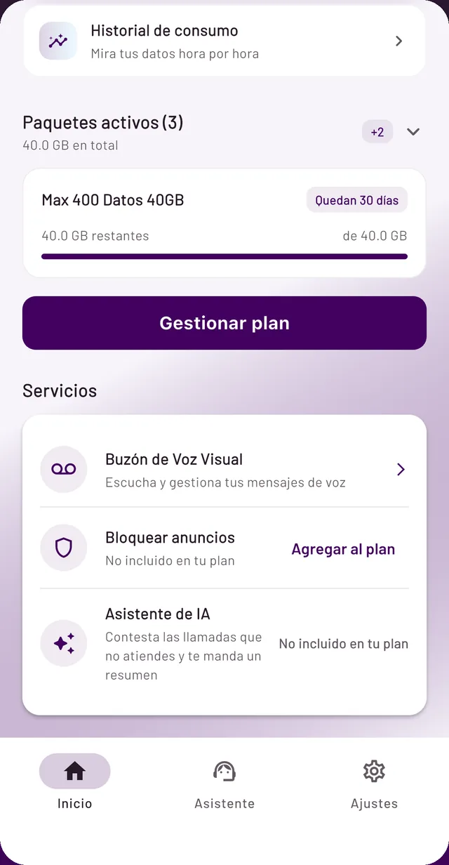 App N3T, sección Servicios: buzón de voz visual, bloquear anuncios y asistente de IA, debajo de los paquetes activos